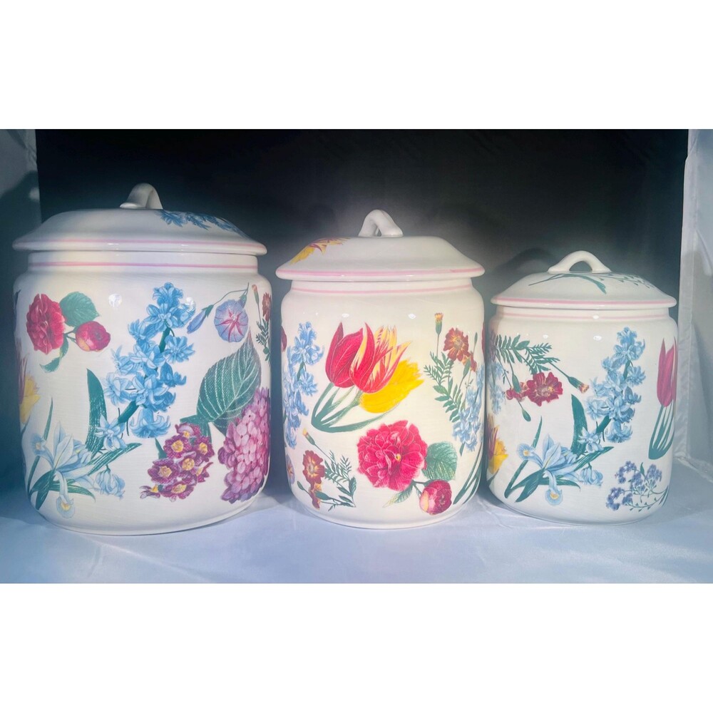 Vintage floral ceramic canister set R.B. Bernarda Portugal Williams Sonoma Read